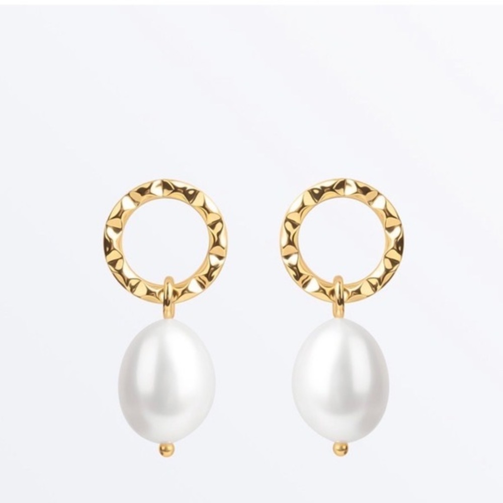 Gold Hoop Drop Earrings with White Pearl Dangles